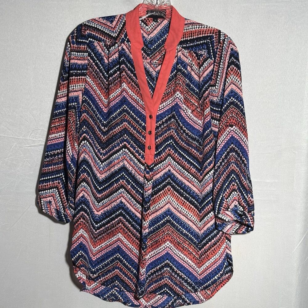 My Michelle Small Chevron Tunic Blouse Red Blue Pink 3/4 Sleeve Hi Low Top